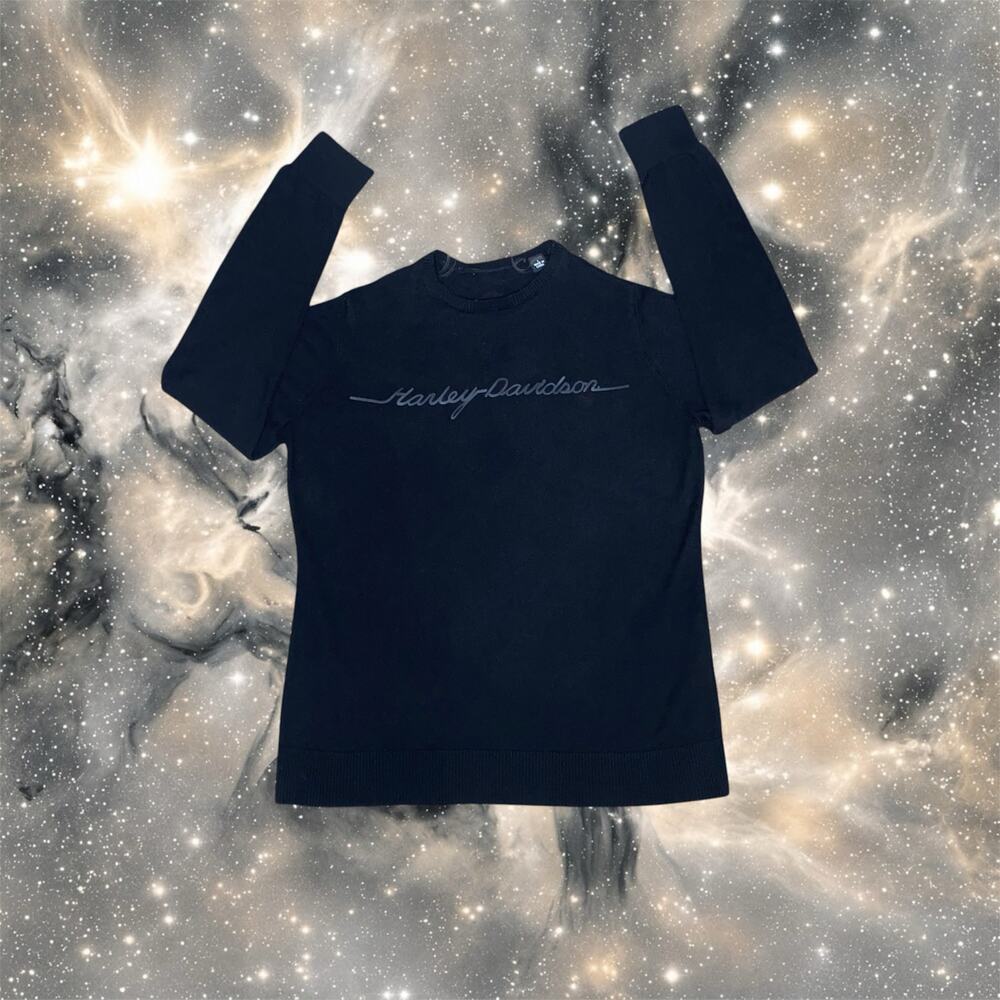 Harley Davidson Womens L Black Long Sleeve Script Pullover Sweater Top